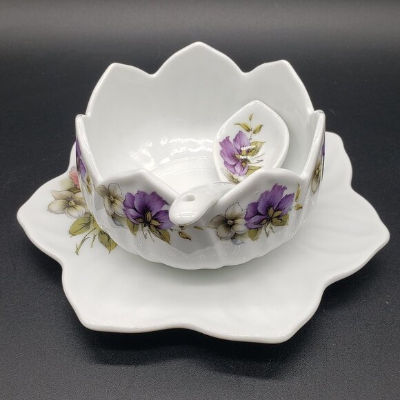 Inspiration Earthenware Purple White Pansies 3pc Condiment Set - Picture 7 of 11